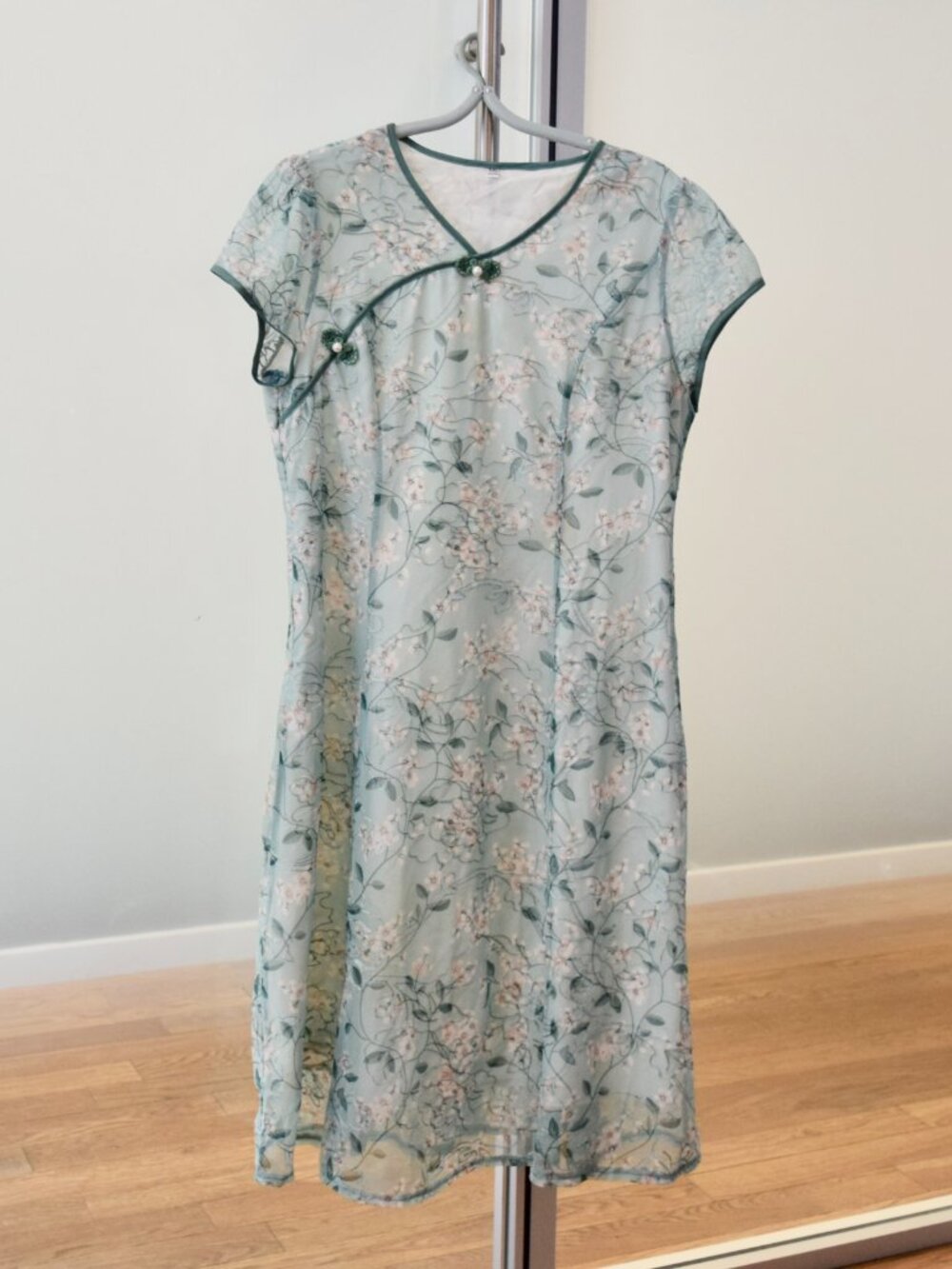 Green Mesh Flora Qipao - A Line Dress